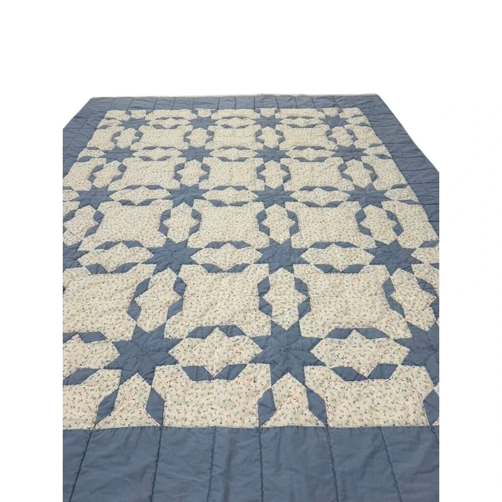 VTG Blue Star Patchwork Quilt Floral Print Cotton Farmhouse Throw 80 X 68 FLAWS